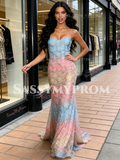 Spaghetti Straps Trumpet Mermaid Lace Colorful Prom Dress