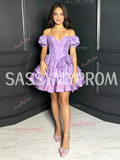 Sweetheart Neck Lilac Satin Layered Mini Short Sleeve Homecoming Dress