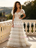 Puffy Sleeve White Sequin A Line Sweetheart Princess Prom Dress