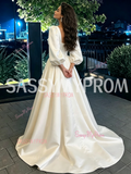Long Sleeve Satin Button A Line Sweetheart Wedding Dress With Slit