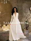 Long Sleeves A Line Backless Satin V Neck Wedding Dress