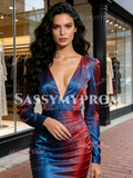 Long Sleeve V Neck Ombre Organza Trumpet Mermaid Prom Dress