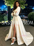 Long Sleeve Satin Button A Line Sweetheart Wedding Dress With Slit