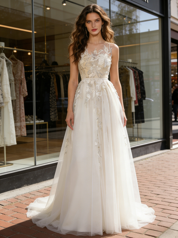 Jewel A Line Appliques Tulle Lace Wedding Dress