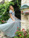 A Line Square Tulle Blue Puffy Sleeve Flower Prom Dress