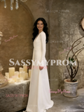 Long Sleeves A Line Backless Satin V Neck Wedding Dress
