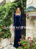 Royal Blue Velvet Square Long Sleeve Mermaid Prom Dress