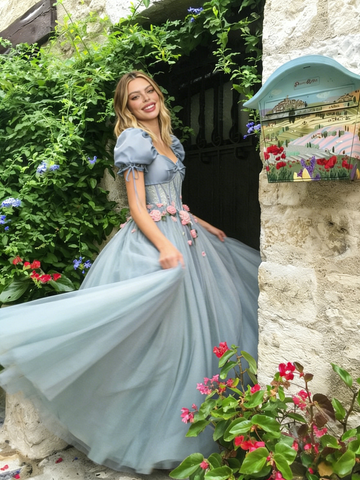 A Line Square Tulle Blue Puffy Sleeve Flower Prom Dress