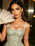Beading Trumpet Mermaid Sparkle Straps Green Prom Dress