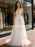 Jewel A Line Appliques Tulle Lace Wedding Dress