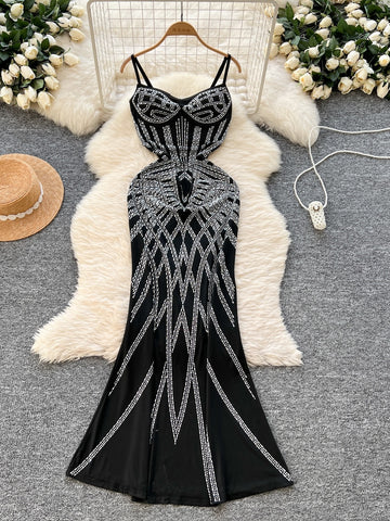 Black Crystal Sheath Bodycon Party Dress