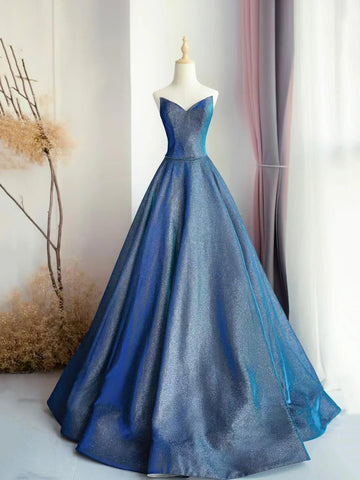Blue A Line Floor Length Sequin Sweetheart Prom Dress