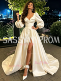 Long Sleeve Satin Button A Line Sweetheart Wedding Dress With Slit