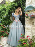 A Line Square Tulle Blue Puffy Sleeve Flower Prom Dress