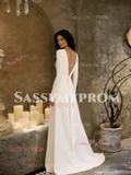 Long Sleeves A Line Backless Satin V Neck Wedding Dress