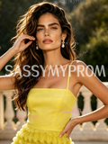 Spaghetti Straps A Line Yellow Tulle Ruffles Prom Dress