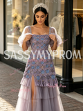 Square Short Sleeve Beading Tulle Purple Prom Dress