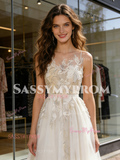 Jewel A Line Appliques Tulle Lace Wedding Dress