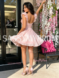 V Neck Light Pink Tulle Ruched A Line Homecoming Dress