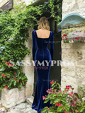 Royal Blue Velvet Square Long Sleeve Mermaid Prom Dress