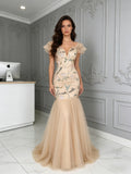 Floral Ruffles Sleeve Trumpet Mermaid Champagne V Neck Tulle Prom Dress