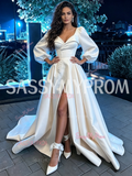 Long Sleeve Satin Button A Line Sweetheart Wedding Dress With Slit