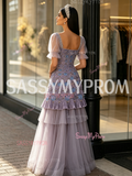 Square Short Sleeve Beading Tulle Purple Prom Dress