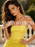 Spaghetti Straps A Line Yellow Tulle Ruffles Prom Dress