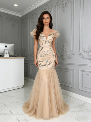 Floral Ruffles Sleeve Trumpet Mermaid Champagne V Neck Tulle Prom Dress