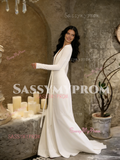 Long Sleeves A Line Backless Satin V Neck Wedding Dress