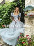 A Line Square Tulle Blue Puffy Sleeve Flower Prom Dress
