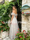 Blue Flower Print A Line Tulle Off The Shoulder Prom Dress
