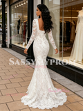 Lace Trumpet Mermaid White Boat Long Sleeve Wedding Dress