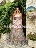 Sweetheart Pink Flower Print A Line Prom Dress
