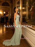 Beading Trumpet Mermaid Sparkle Straps Green Prom Dress
