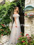 Blue Flower Print A Line Tulle Off The Shoulder Prom Dress