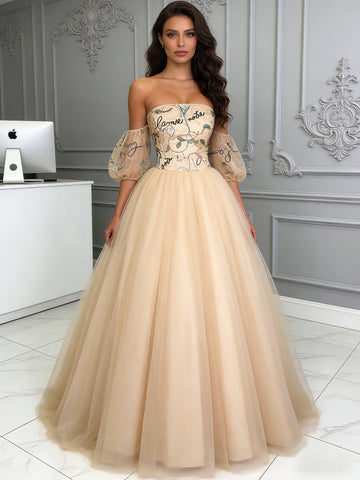 Tulle Ball Gown Puffy Sleeves Lace Floral Champagne Prom Dress