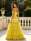 Spaghetti Straps A Line Yellow Tulle Ruffles Prom Dress