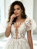 Tulle Lace A Line Puffy Sleeve Wedding Dress With Slit