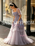 Square Short Sleeve Beading Tulle Purple Prom Dress