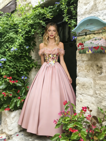 Off The Shouler Tulle Pink Flower Puffy Sleeve Prom Dress