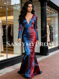 Long Sleeve V Neck Ombre Organza Trumpet Mermaid Prom Dress