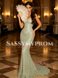 Beading Trumpet Mermaid Sparkle Straps Green Prom Dress