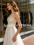 Jewel A Line Appliques Tulle Lace Wedding Dress