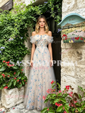 Blue Flower Print A Line Tulle Off The Shoulder Prom Dress