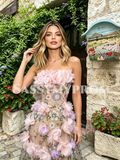 Sweetheart Pink Flower Print A Line Prom Dress