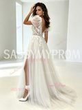 Tulle Lace A Line Puffy Sleeve Wedding Dress With Slit