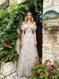 Blue Flower Print A Line Tulle Off The Shoulder Prom Dress
