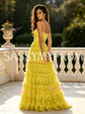 Spaghetti Straps A Line Yellow Tulle Ruffles Prom Dress