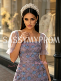 Square Short Sleeve Beading Tulle Purple Prom Dress